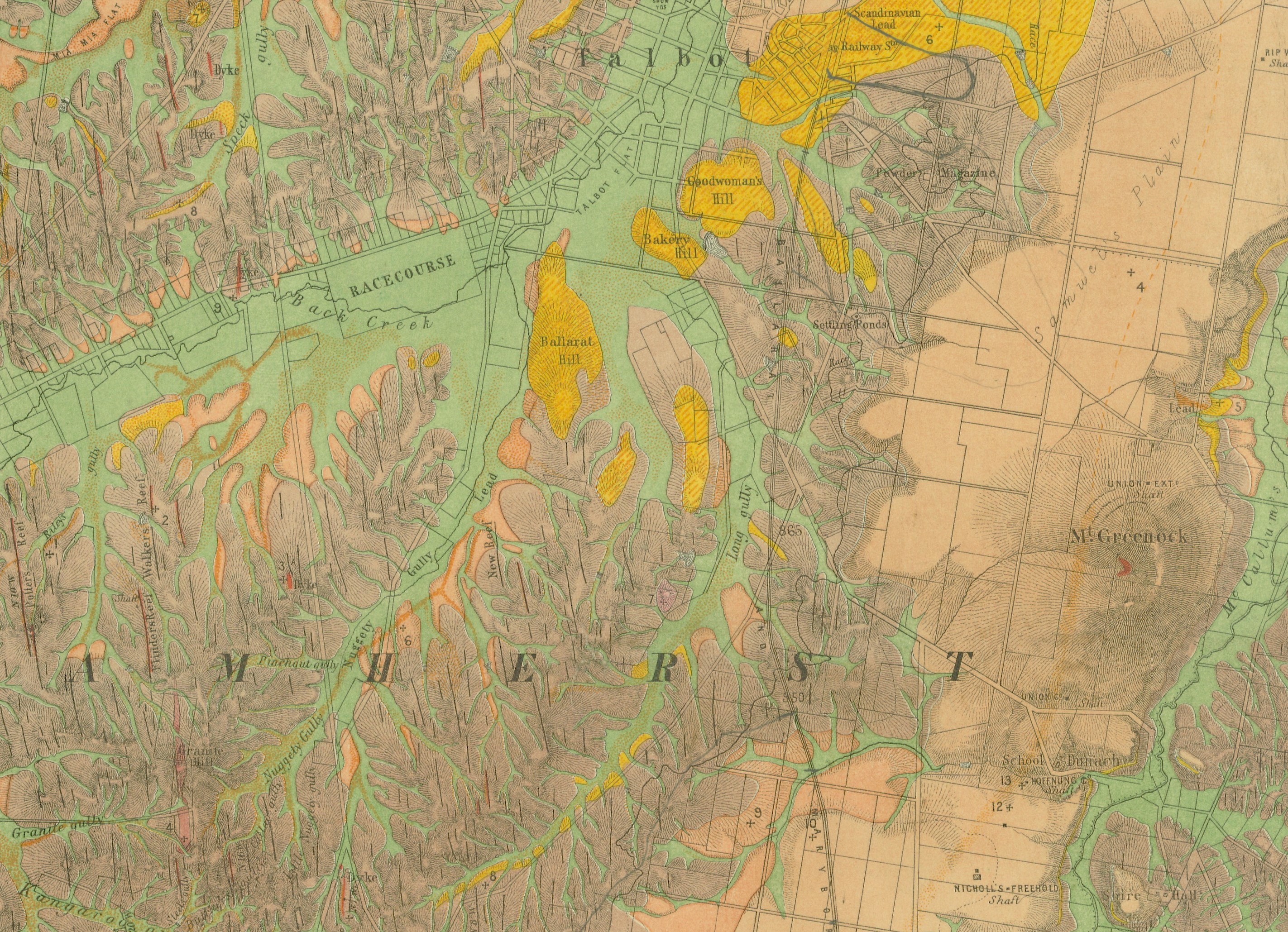 Map showing Gold diggings in the Talbot and Amherst area